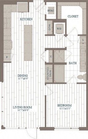 Floor plan for 1 bed, 1 bath, 873 sqft
